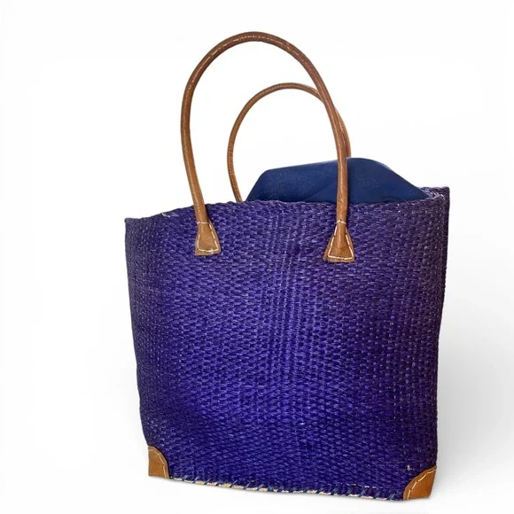 Raffia Purple with Natural Leather Handle Tote Bag - Picture 1 of 7
